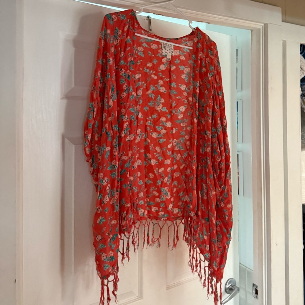 Billabong Floral Red Kimono with Fringe
